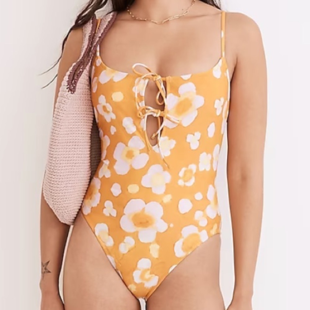 Madewell Second Wave Tie-Front One-Piece Swimsuit in Watercolor Floral XS